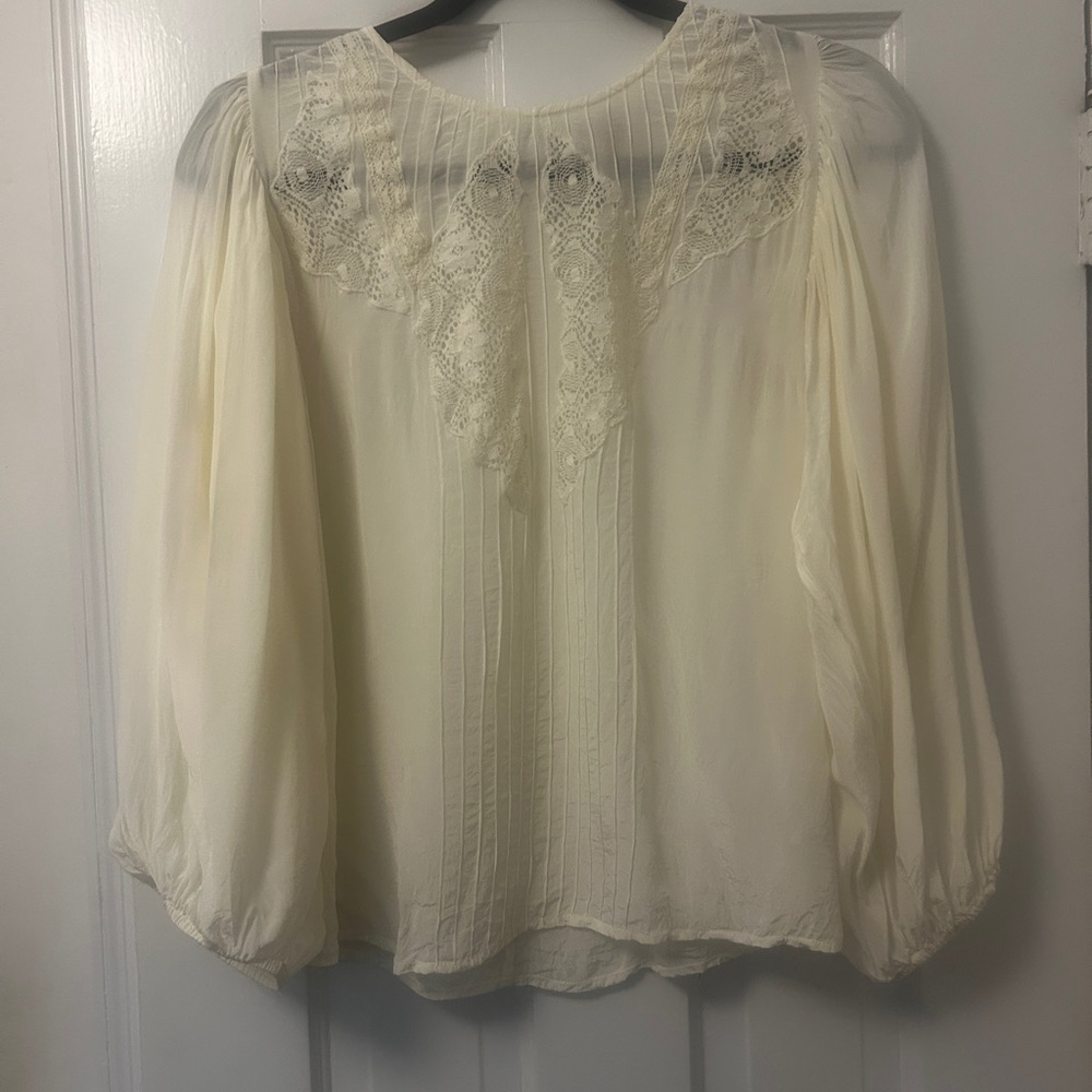 Farm Rio cream blouse with lace insets, size Small